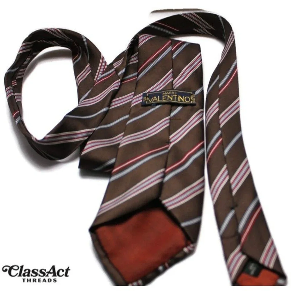 Vintage Mario Valentino Brown Striped Italy Silk Designer Tie 3
